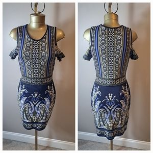 Chelsea & Violet Black, Blue & Olive Print Stretch Knit Dress With Open Shoulder